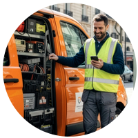 inštalatér sa pozerá na telefón s dodávkou v pozadí