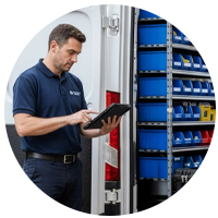 Inštalatér s otvárajúcou sa dodávkou v pozadí